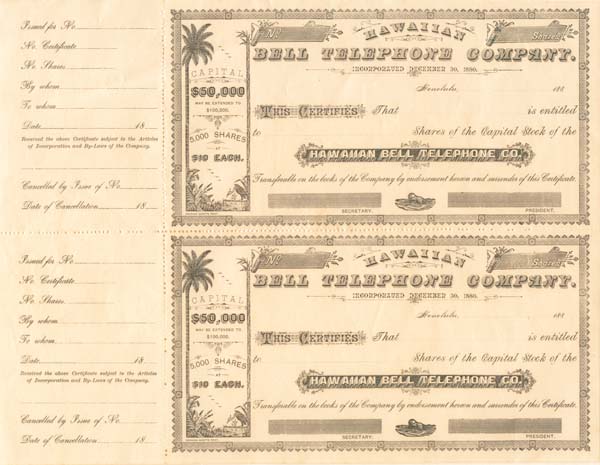 Hawaiian Bell Telephone Co. - Stock Certificate